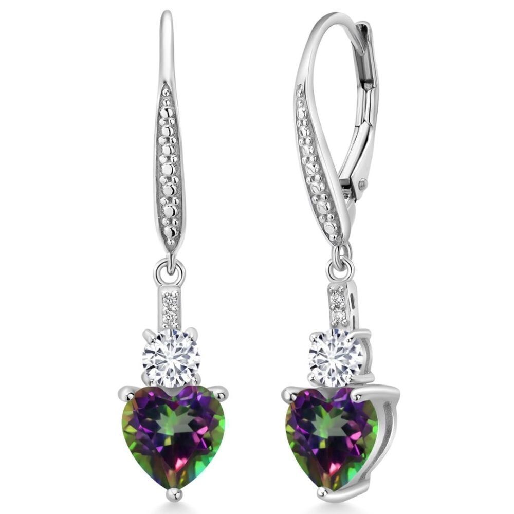 925 Sterling Silver with 3.57 Cttw Mystic Topaz and Diamond Heart Drop Earrings